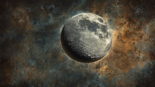 Moon drifts through a textured cosmic sky of gold and blue