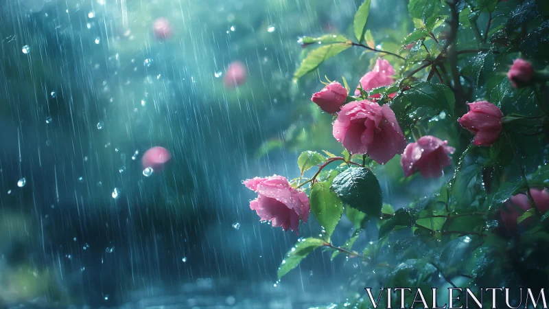 Rain-drenched roses whisper quietly beneath a teal storm