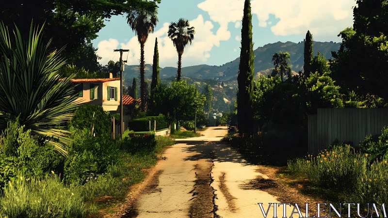 Sunlit country lane winding through lush hillside village.