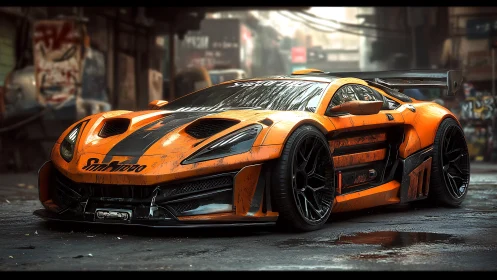 Street-tuned orange supercar gleaming in a gritty alley.