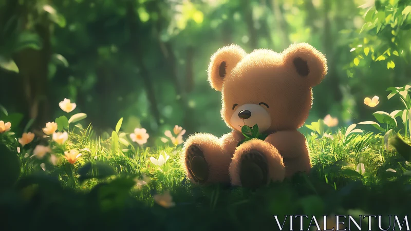 Backlit plush teddy bear rendered in soft-focus forest lighting