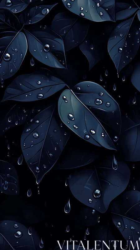 Midnight foliage rendered with glossy raindrops and deep contrast