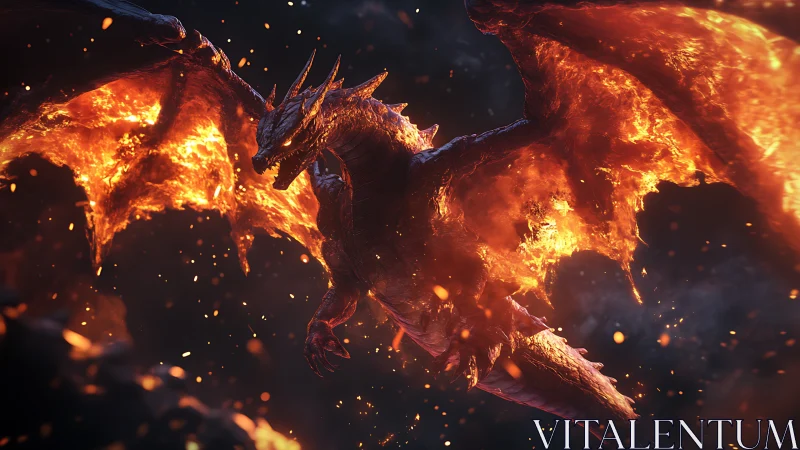 Volcanic-winged draconic entity in high-energy ignition flight.