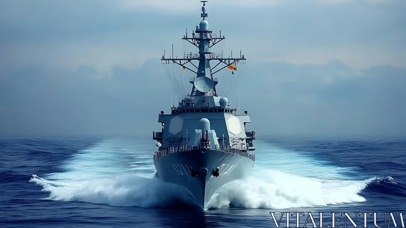 Navy destroyer cuts through open ocean under overcast sky.