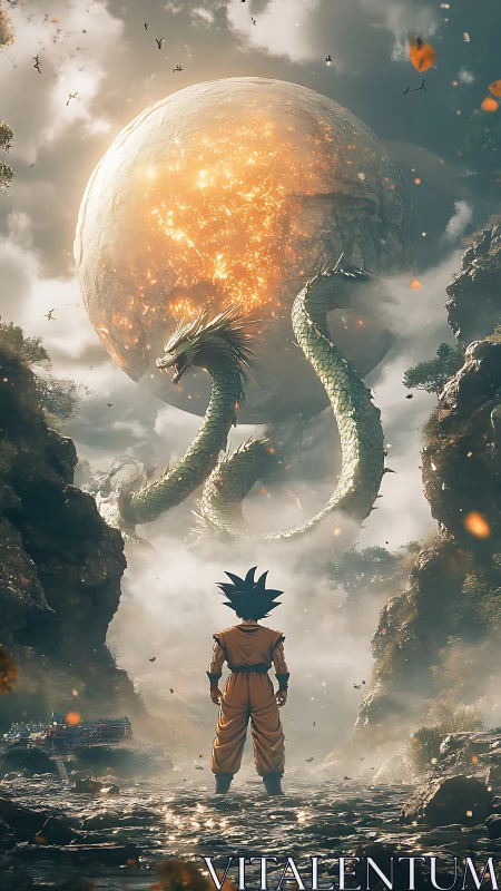 Warrior confronts celestial dragon before burning planet.