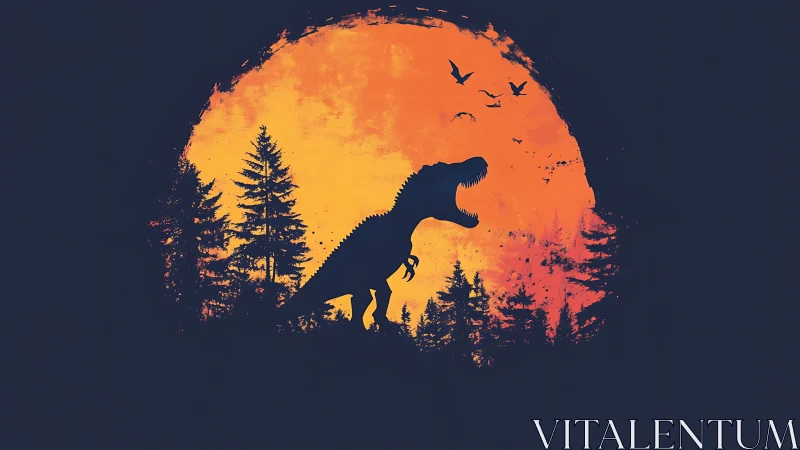 Tyrannosaurus silhouette stands before fiery sunset disc