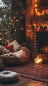 Cozy holiday nook with glowing cat and twinkling tree.