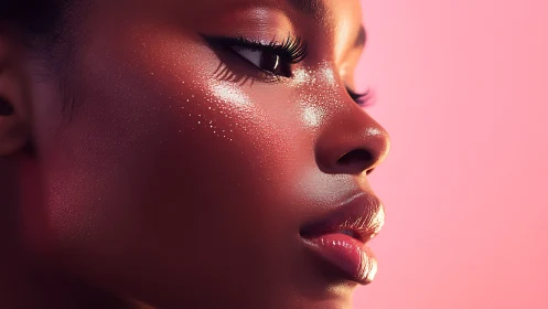 High-gloss close-up profile shows specular skin and precise eyeliner