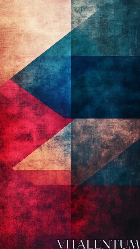 Geometric textured composition with red and blue panels.