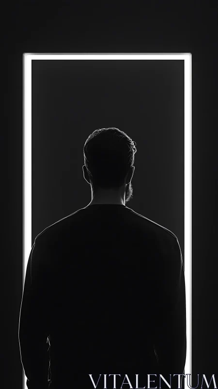 Silhouetted wanderer studies a glowing doorway of quiet code