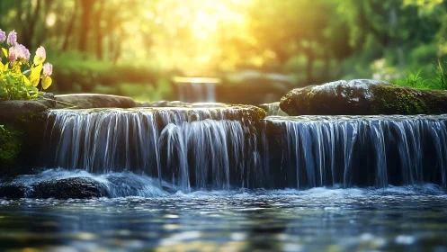 Serene woodland waterfall with sunlight and flowers, realistic style.