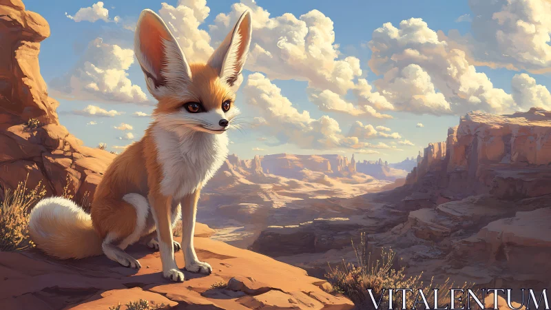 Fennec fox rendered on rocky desert plateau under clouds.