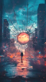 Silhouetted figure walks toward blazing portal in shattered city