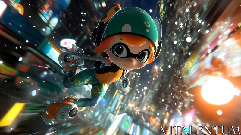 Stylized skate character moves through blurred neon cityscape