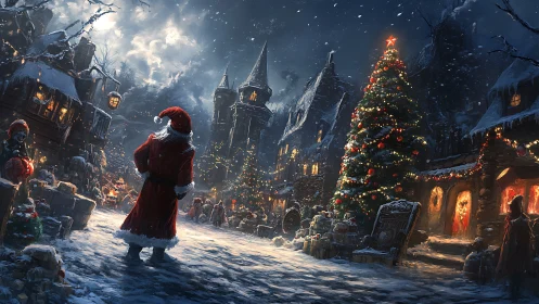 Midnight Santa stroll in a lantern-lit Christmas village.