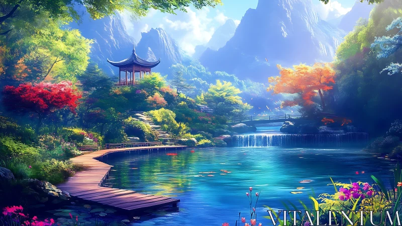 Lakeside pagoda in luminous mountainous garden landscape at dawn