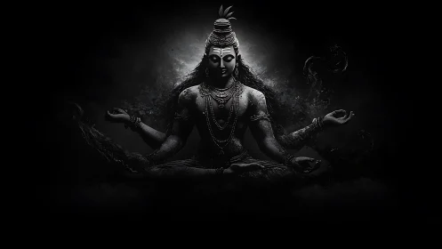 Monochrome meditative Shiva deity in high-contrast digital chiaroscuro.