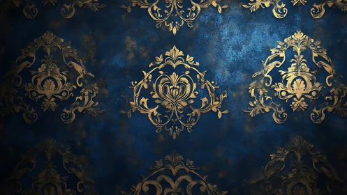 Ornate golden damask glows over textured midnight blue wall.
