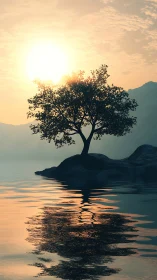 Solitary lakeside tree silhouetted in warm sunset glow.