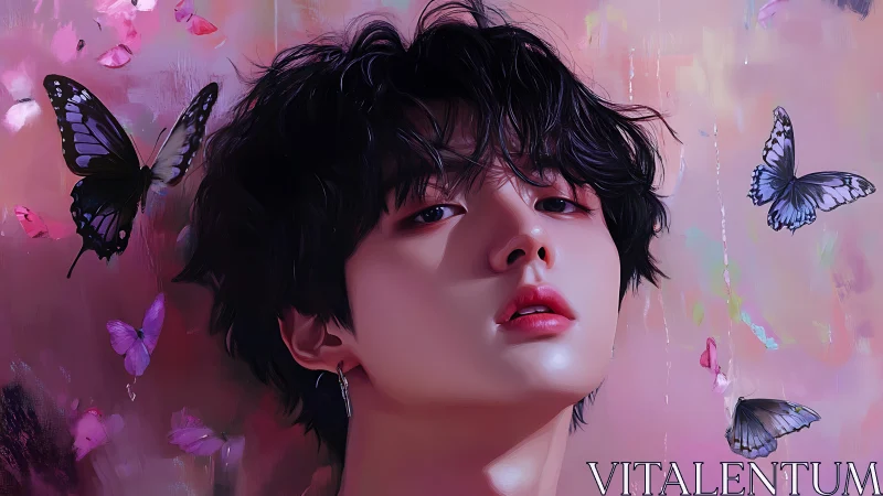 Soft-lit portrait with butterflies and pastel haze.