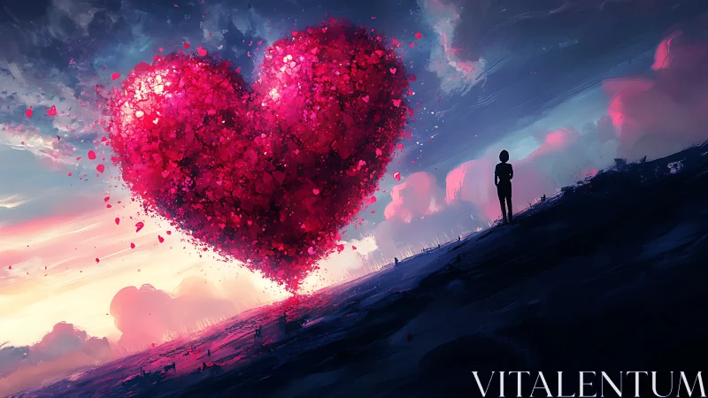 Massive Pink Heart Particle System Floating Above Silhouetted Observer