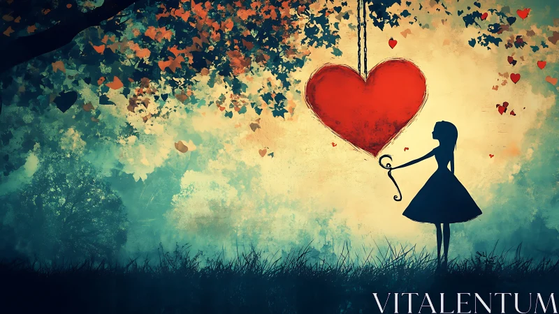 Silhouetted figure manipulating suspended red heart amid autumnal foliage.