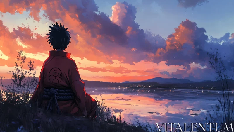 Figure in red robe viewing reflective lake at sunset.