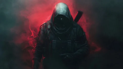 Hooded tactical assassin emerges through red smoke shroud.
