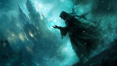 Mystic robed sorcerer commands glowing magic over ruins