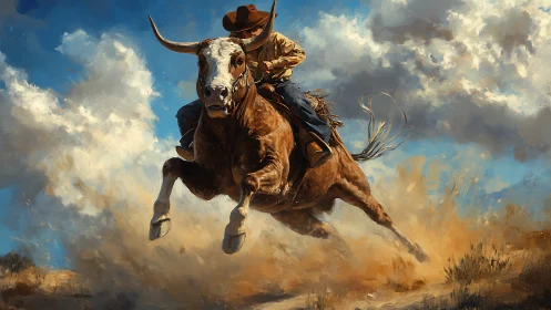 Cowboy rides charging longhorn through dust and storm clouds