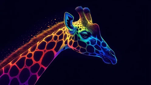 Neon gradient giraffe portrait on deep black background.