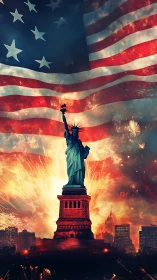 Statue of Liberty under fireworks and US flag overlay.