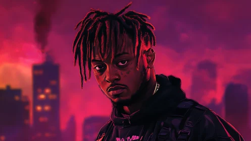 Neon dusk portrait with urban skyline and smoky highrise.