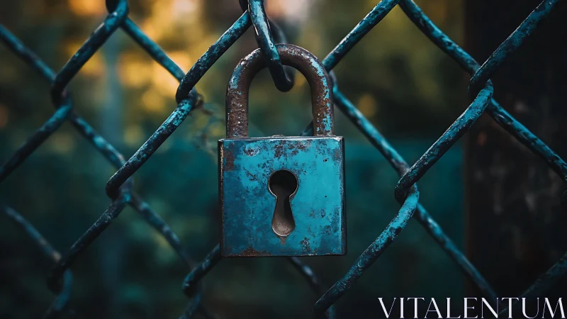 Weathered Padlock on Chain-Link Fence.