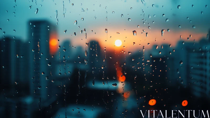 Raindrop city window glowing with a soft sunrise hush.