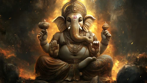 Majestic Ganesha statue seated in radiant fiery aura