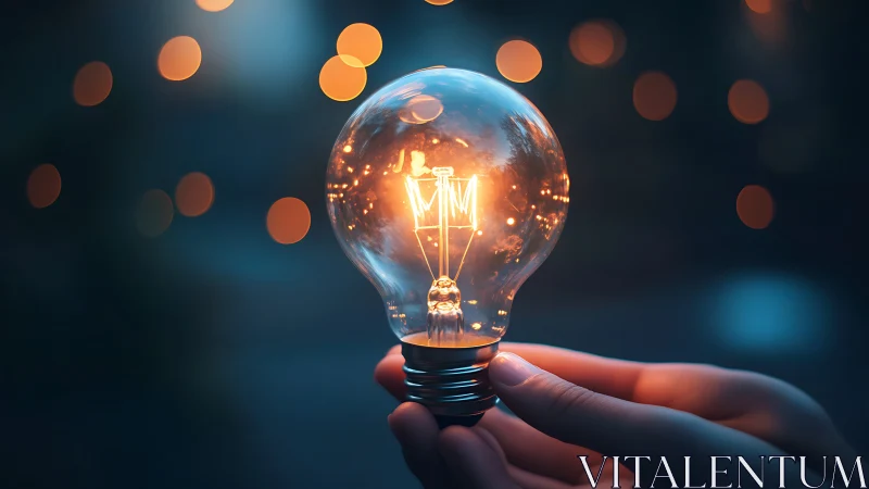 Glowing filament bulb cradled in hands against dusk bokeh.