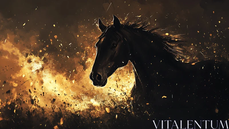 Fiery stallion emerging from glowing embers and shadows.