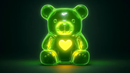 Neon green gummy bear sculpture with glowing heart core.