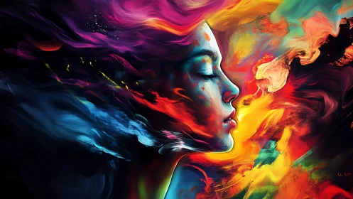 Vivid chromatic portrait as swirling dreamscape of color.