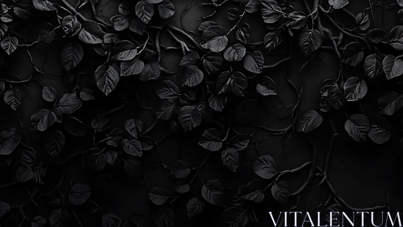 Ultra low-key monochrome leafed vines on matte black wall