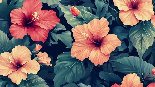 Tropical Blooms Dance Across Shadowed Canvas in Luminous Splendor