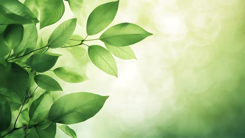 Bright green leaves drift in soft bokeh forest light background