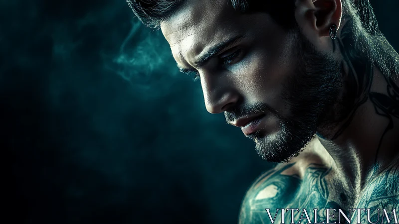 Moody tattooed man gazes down in soft, cinematic light
