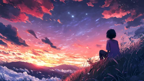 Solitary figure watches vivid sunset sky over distant mountains