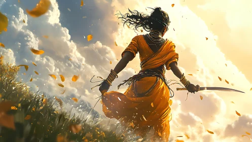 Backlit warrior in saffron robe against turbulent cloudscape.