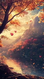 Autumn river valley under warm evening mountain light.