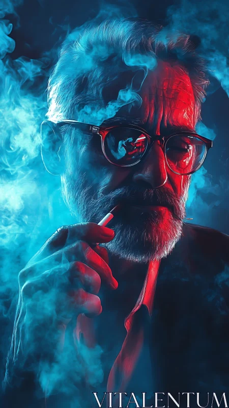 Bicolored volumetric portrait of smoking elder in neon fog.