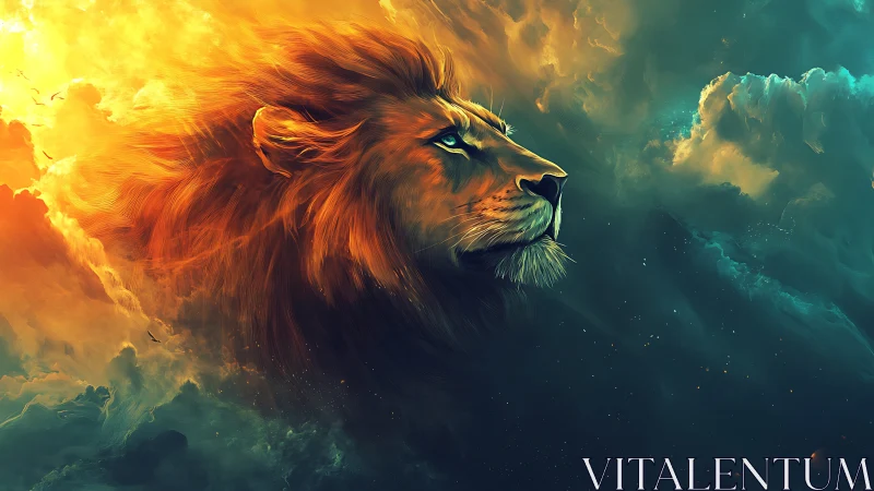 Majestic cosmic lion gazes calmly across glowing skies