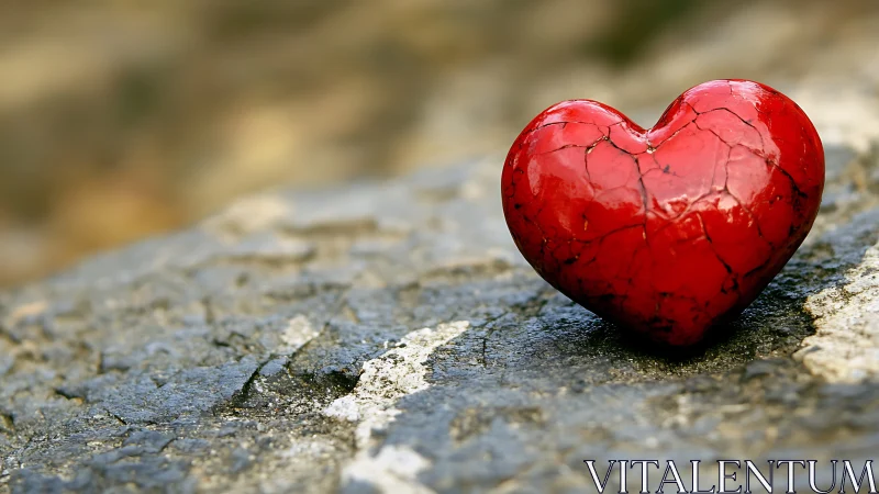 Red heart-shaped object on weathered concrete surface.